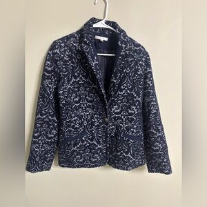 Cabi Jacquard Blazer Size 6 Small Blue Paisley Textured Wool Romantic Velvet